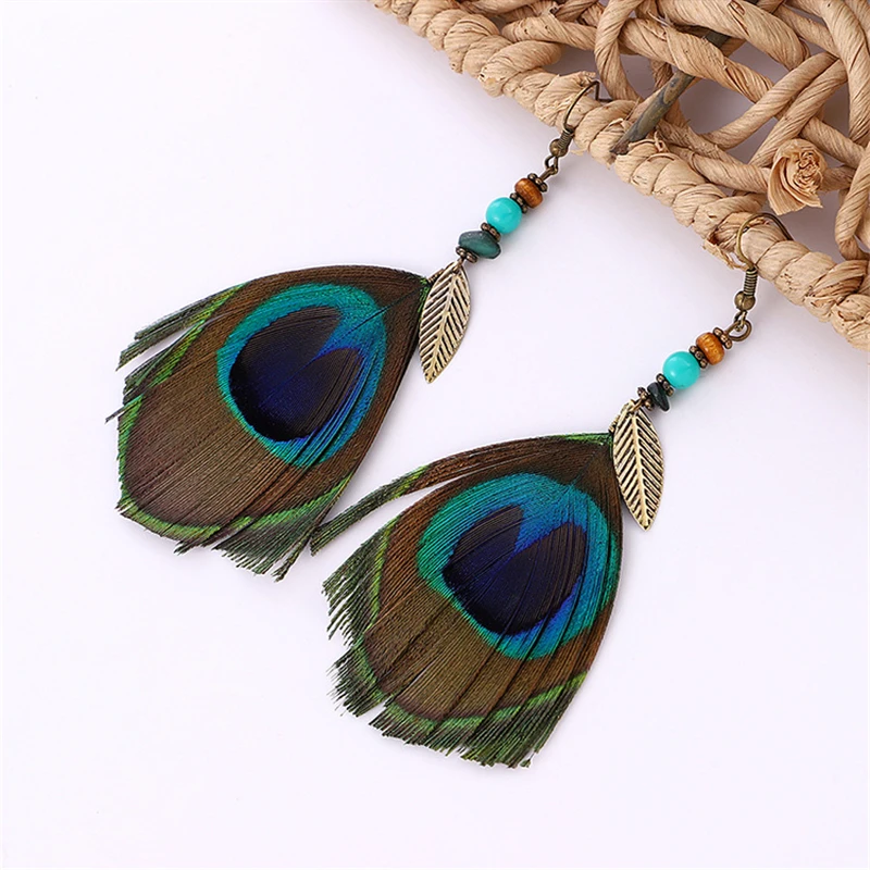Женская богемная Мода кулон перо павлина серьги Бохо mujer moda bijoux винтажные