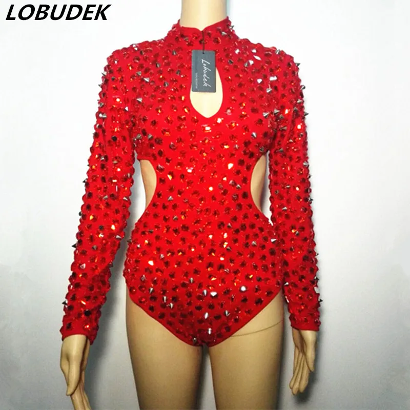 Red Rhinestones Rivet Bodysuit Sexy Hollow Out Crystals Catsuit Nightclub DJ Female Singer Performance Stage Costume Hand Sewing