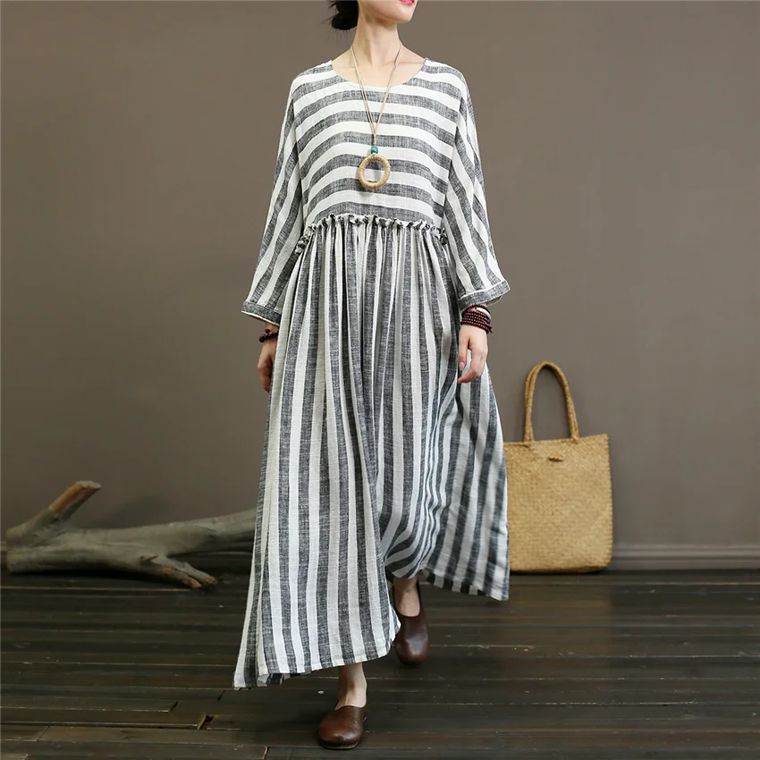 Женский халат в полоску хлопковый льняной с высокой талией Осенний новый