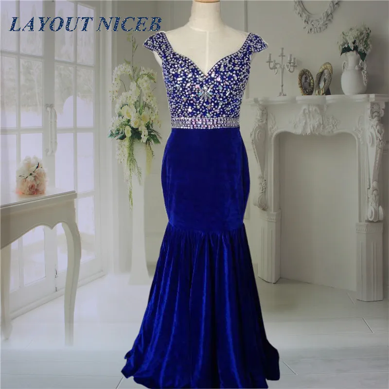 Женское вечернее бархатное платье русалка синее до пола с открытой спиной и