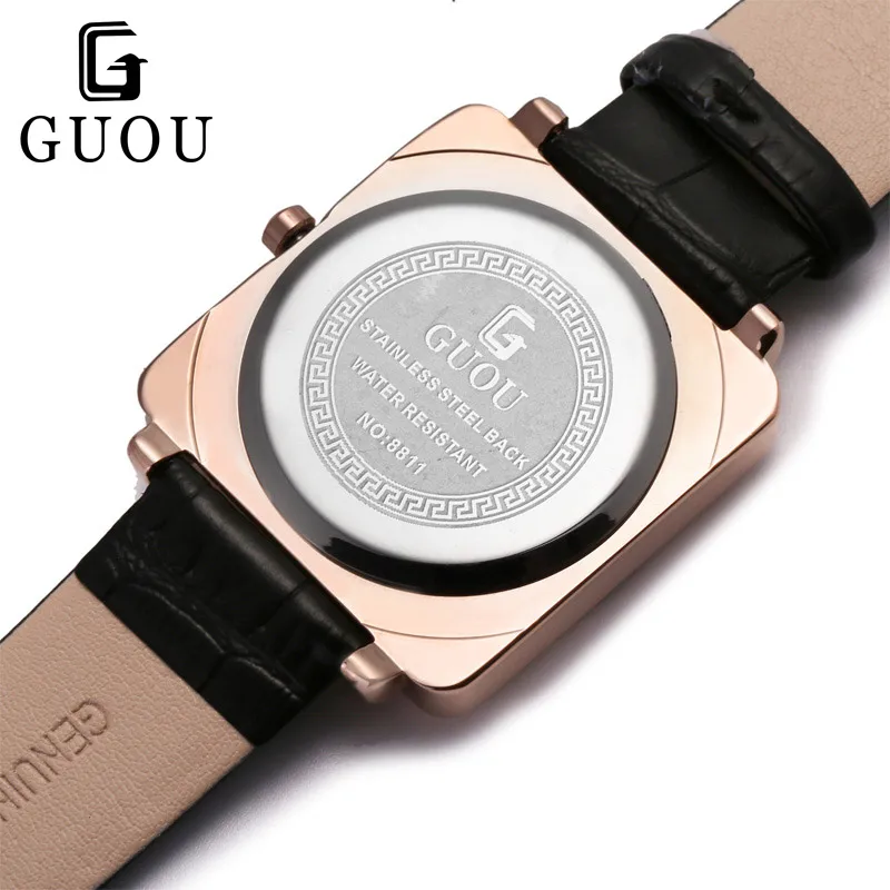 GUOU Square Dial Wrist Watches for Women Fashion Casual Dress Simple Leather Quartz Ladies Wristwatch Clock zegarki damski Black | Наручные