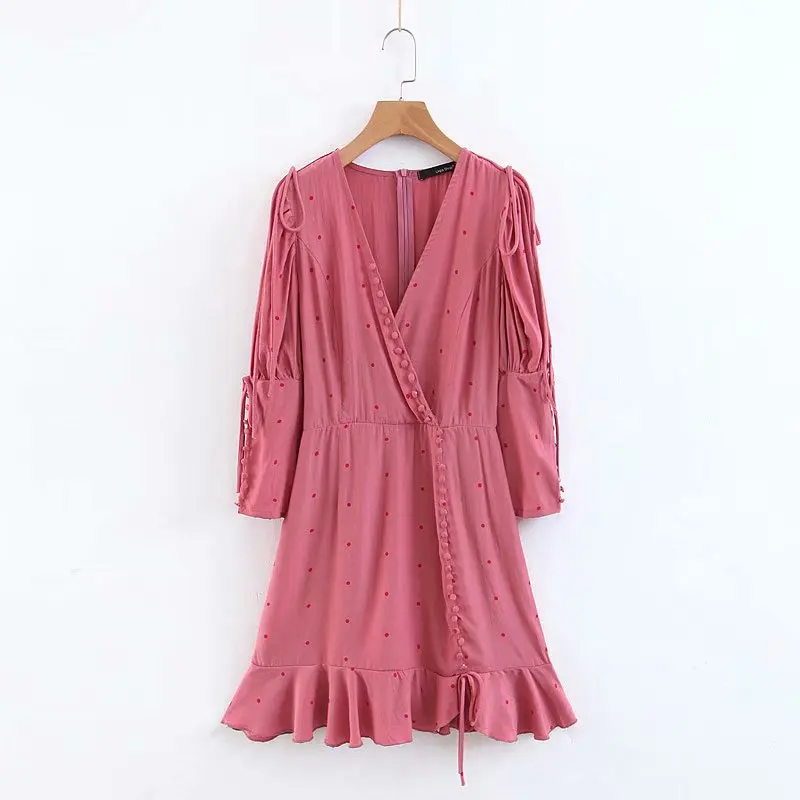 2019 mini boho dress for women pink vintage puff sleeve beach summer dresses sexy deep V-neck short ruffles vestidos | Женская одежда