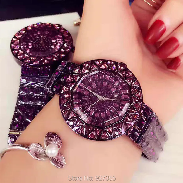 2020 New Style Purple Women Watches Top Luxury Steel Full Rhinestone Wristwatch Lady Crystal Dress Watches Female Quartz Watch