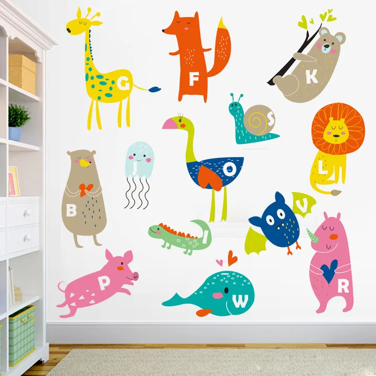 Наклейки на стену в виде животных с английским алфавитом декоративная роспись
