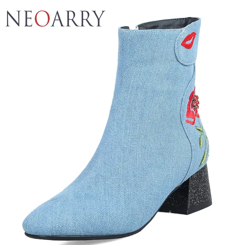 Neoarry Embroider Floral Denim Boots Ladies Party Shoes Chunky Block Med Heel String Beading Ankle Large Size 32-48 T90 | Обувь
