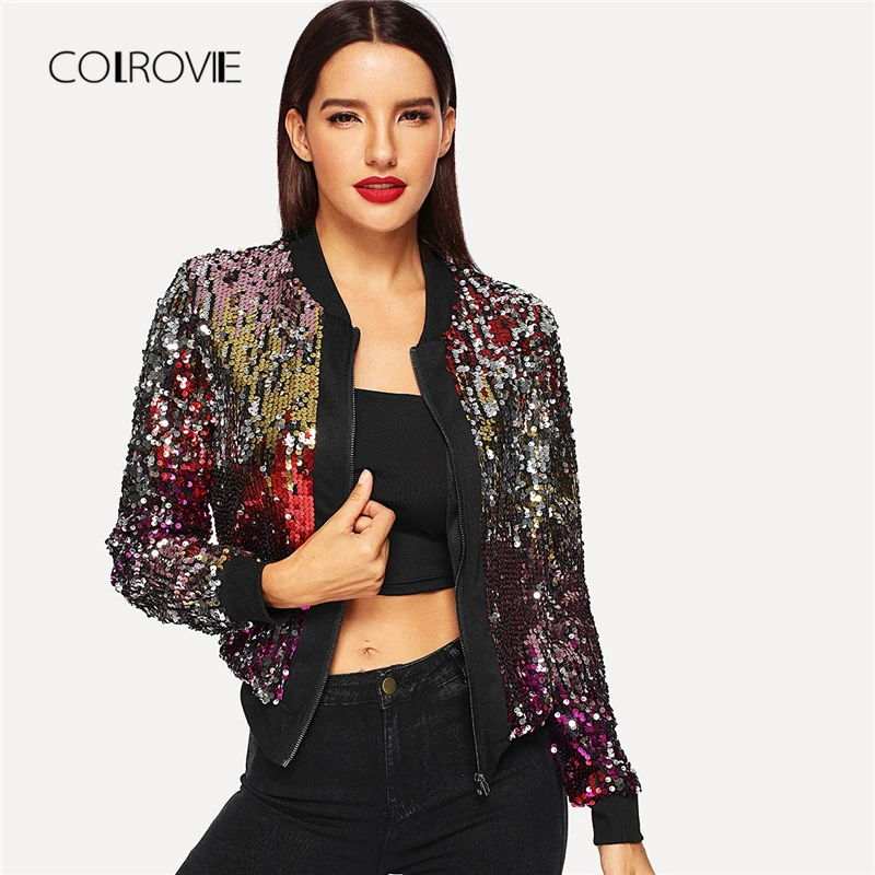 COLROVIE Повседневная укороченная зимняя куртка на молнии с блестками, пальто, женская одежда, осень, уличная мода, Корейская женская верхняя одежда, пальто
