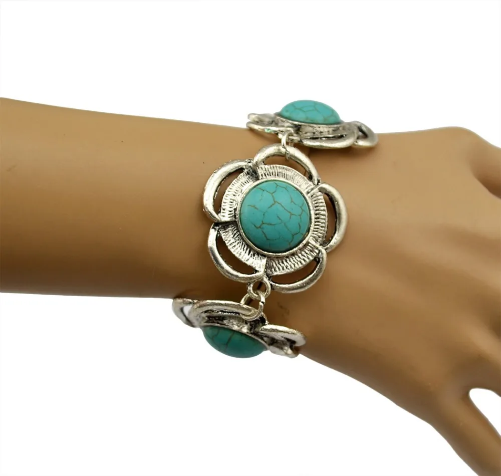 Vintage Charm Flower Turquoise Bracelet Bangles Bohemian Tibetan Silver Retro Tribal Women Girl Festival Gift Cheap Jewelry | Украшения и