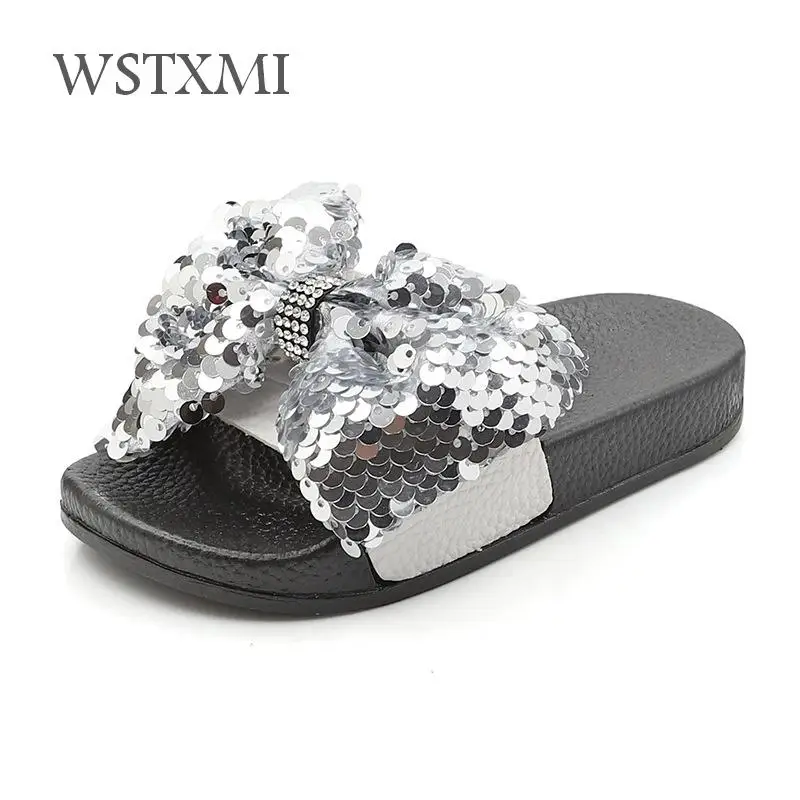 Тапочки для девочек Летние шлепанцы принцессы с блестками и бантом Детская обувь