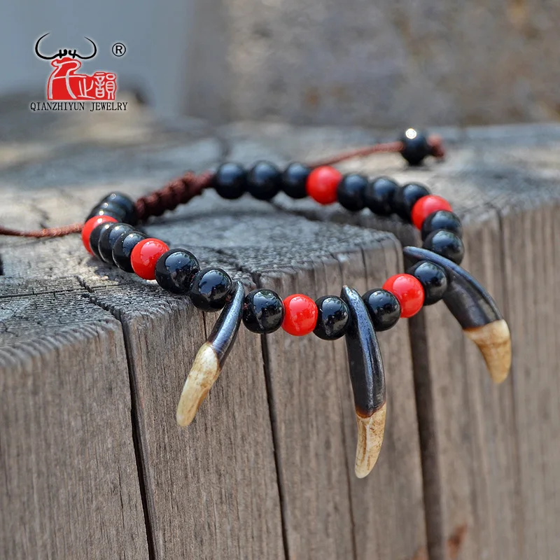 YS009 Natural bone punk bracelet wood beads bracelet men spike bracelet women Primitive tribes jewelry Fake wolf Tooth Bangles
