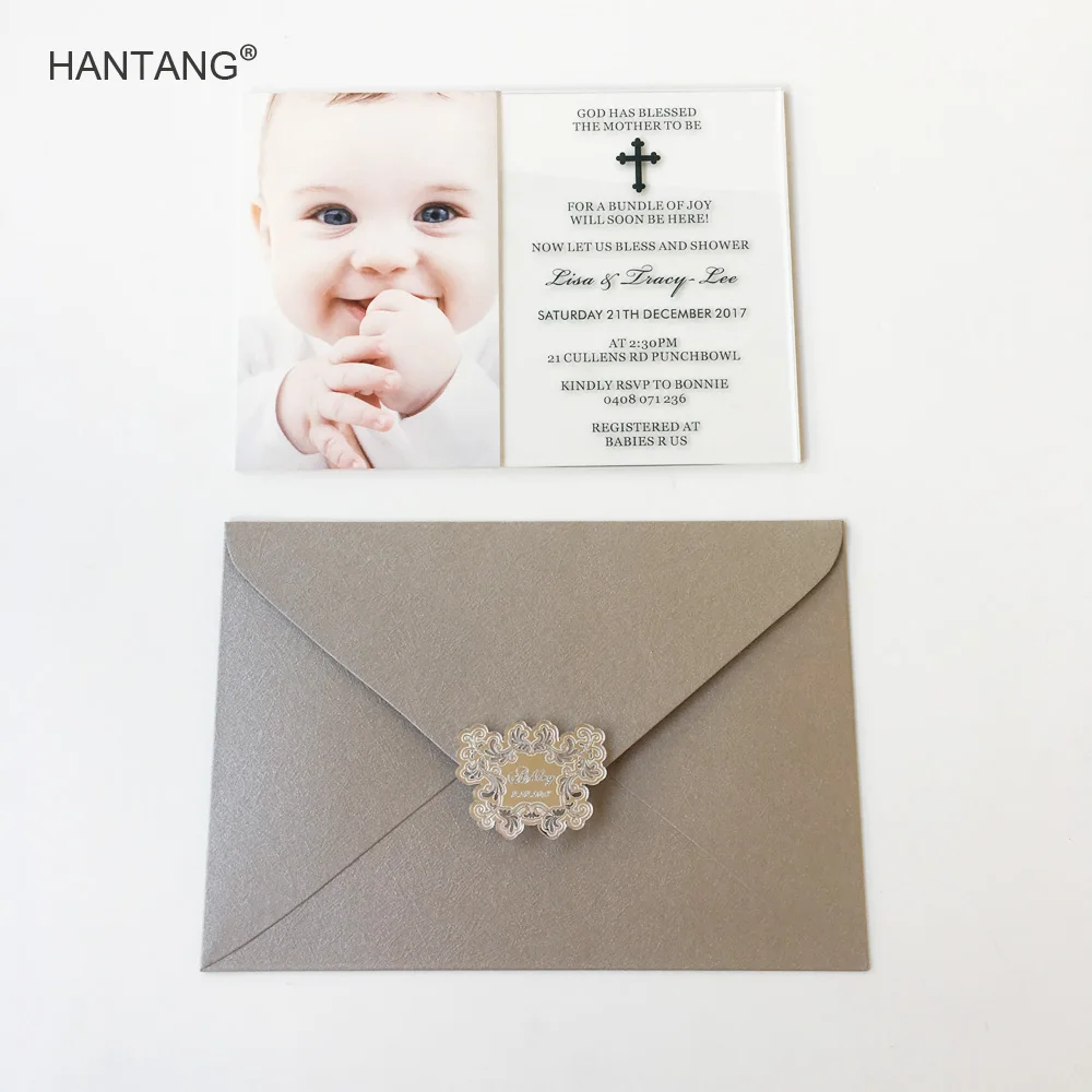 

Customized 5x7inch UV printing photo Clear Acrylic Baby Shower Invitation Card Christening and Baptism Invitations100pcs Per Lot