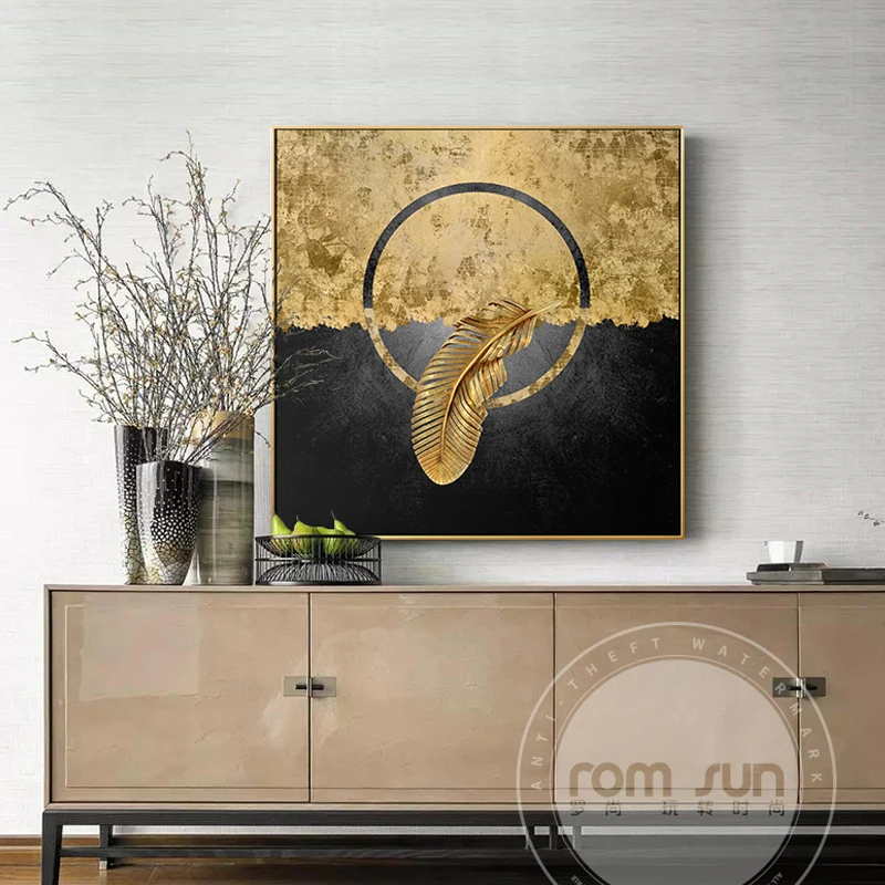 

Abstract Black and Golden Feather Poster Canvas Painting White Flower Wall Art Cuadros for Living Room Aisle Fashion Home Decor