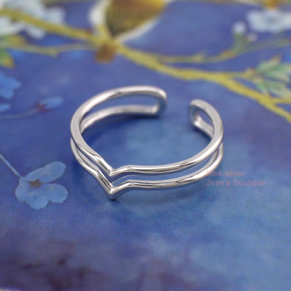 S92 Solid Sterling SIL Simple Double Layer Chevron V Stacking Adjuatable Ring A3598 | Rings