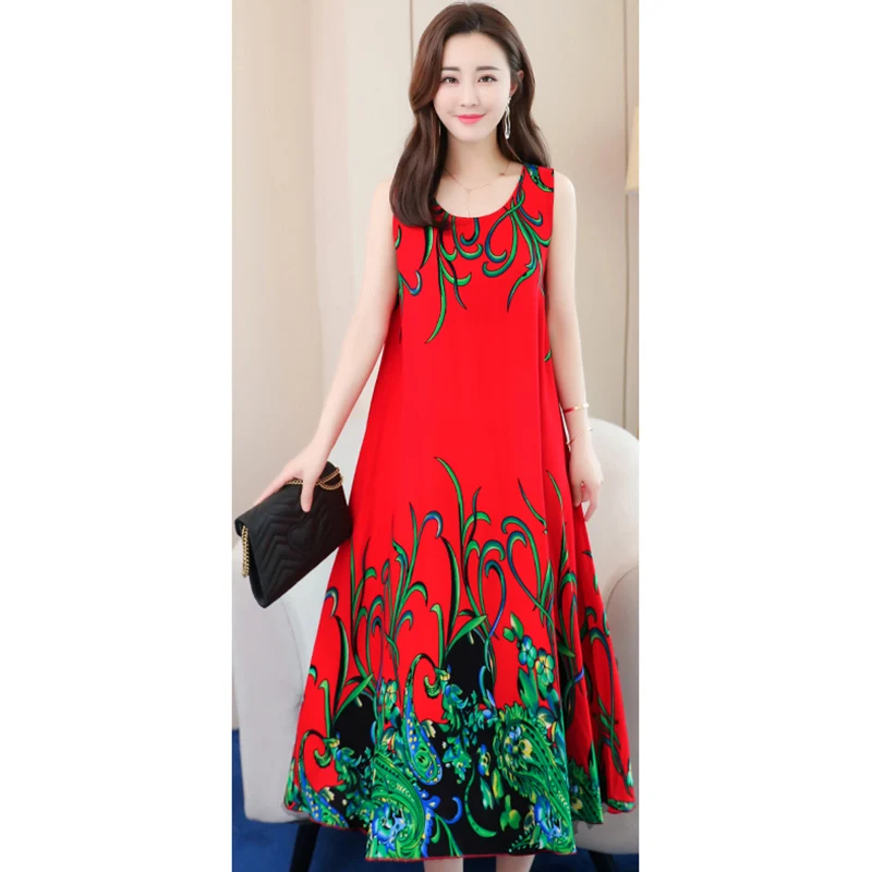 

2019 new loose large size cotton silk dress female summer sleeveless sling bohemian beach dress A338