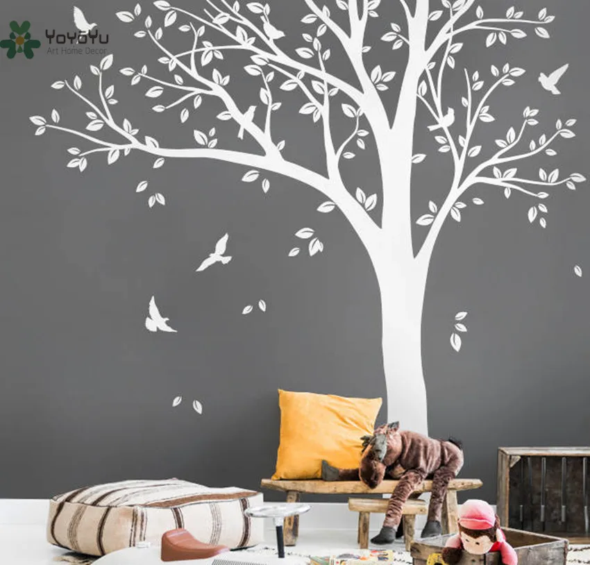 Настенная виниловая наклейка WW343 большая белая елка птица настенный