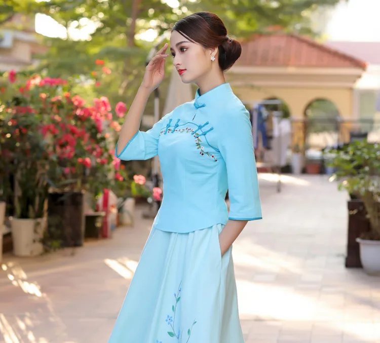 Sheng Coco темно-синие рубашки китайский стиль Вышивка Цветы Cheongsam топы традиционная китайская одежда длинный рукав Hanfu