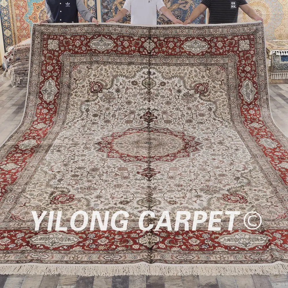 Koop Yilong 10'x14' Oosterse Perzische Bloemen Zijden Kleed Classic Woondecoratie Beige Zijde Handgeknoopt Tapijt (ZW002M10x14)