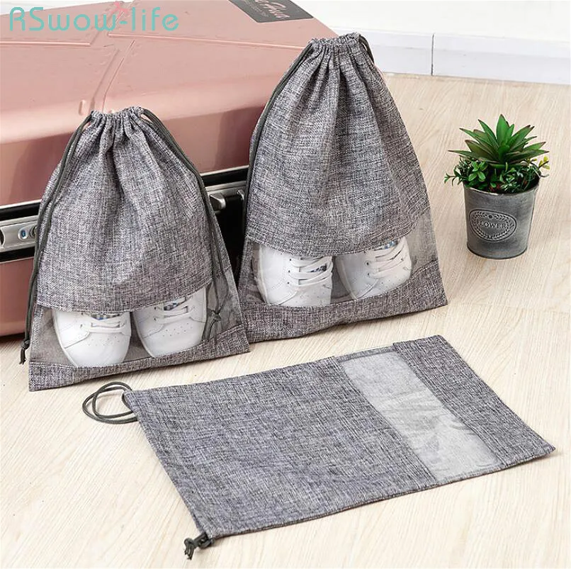

2Pcs Portable Travel Good Shoe Pocket Washable Imitation Hemp Drawstring Pocket Visible Hangable Linen Drawstring Bag PVC Dimity