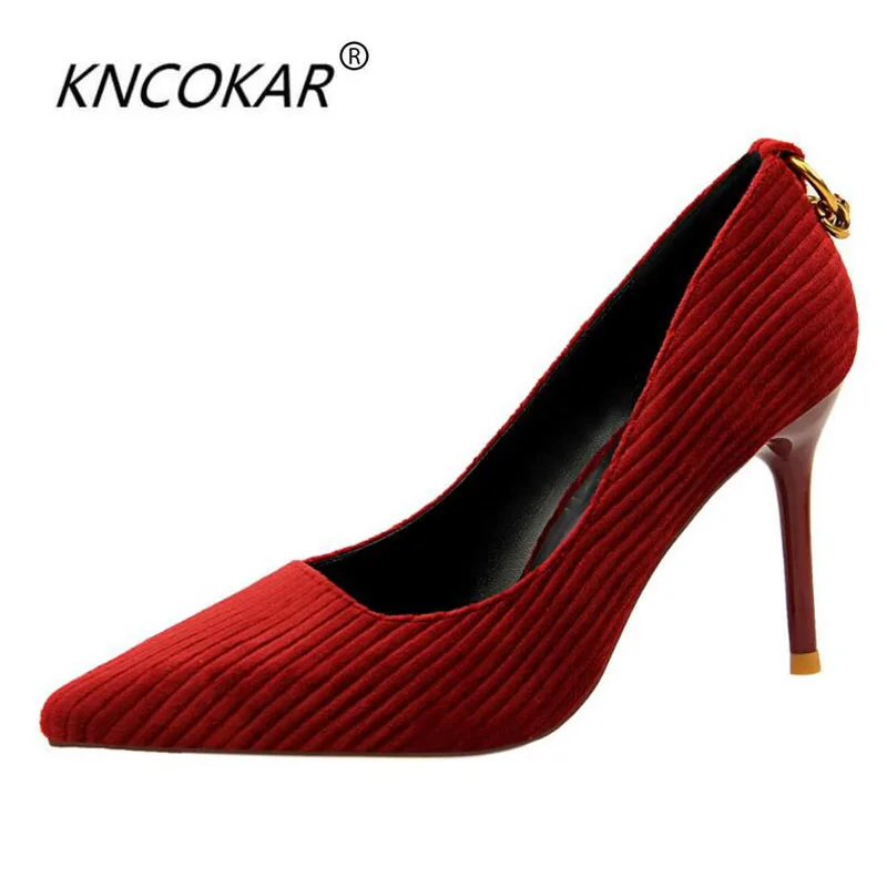 

KNCOKAR Simple high-heeled back metal button corduroy face shallow-mouthed pointed sexy nightclub slim single shoes