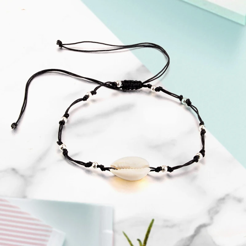 Браслет на ногу пляжный Плетеный с бахромой ракушка из бусин ракушек простая