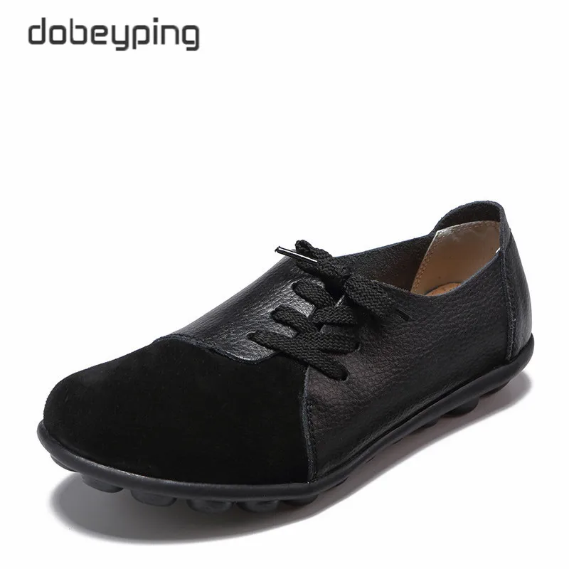 dobeyping New Genuine Leather Women Flats Spring Autumn Woman Shoes Lace Up Women's Loafers Solid Female Casual Shoe Size 35-44