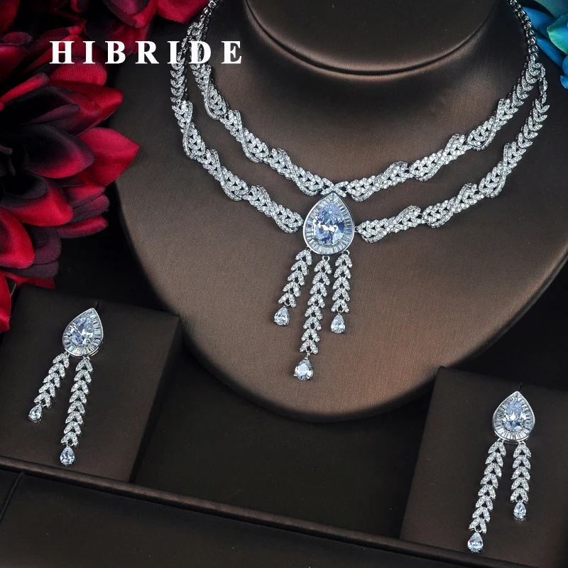 HIBRIDE Luxury Water Drop Shape Pendant Micro CZ Pave Women Jewelry Sets Necklace Sets  Dress Accessories Wholesale Price N-397