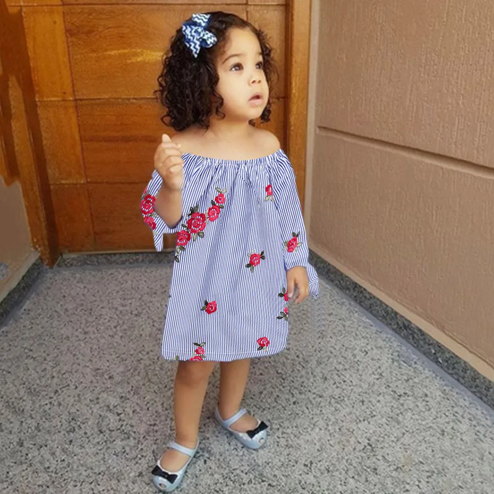 Toddler Cotton Infant Baby Girls Embroidery Floral Striped Princess Dresses Long Sleeve Outfits vestido Autumn | Детская одежда и