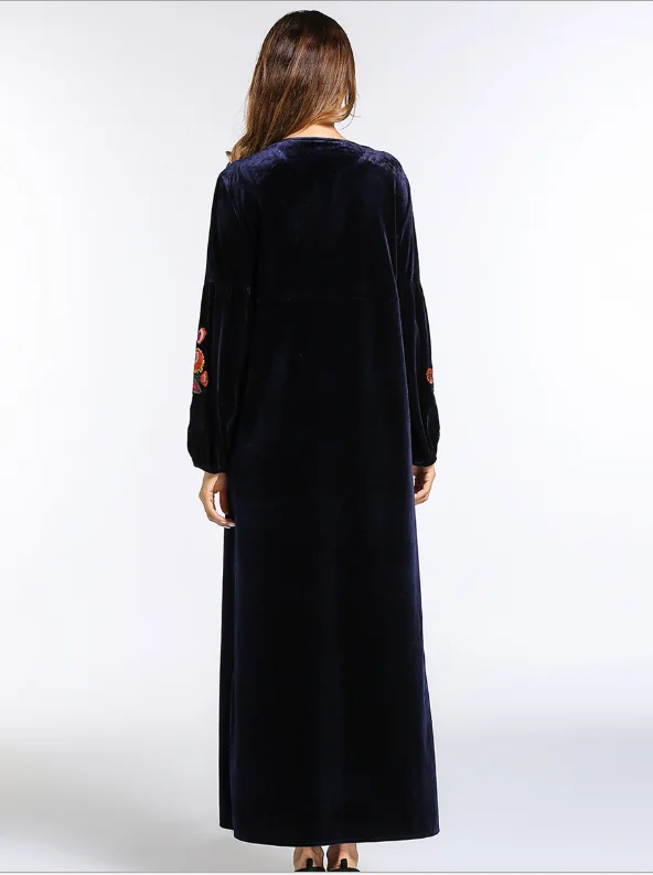 Женское платье макси с вышивкой вельветовое зимнее теплое Abaya свободный стиль