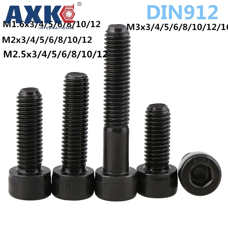AXK 50 шт. M1.6 M2 M2.5 M3 DIN912 черные высокопрочные винты с шестигранной головкой из