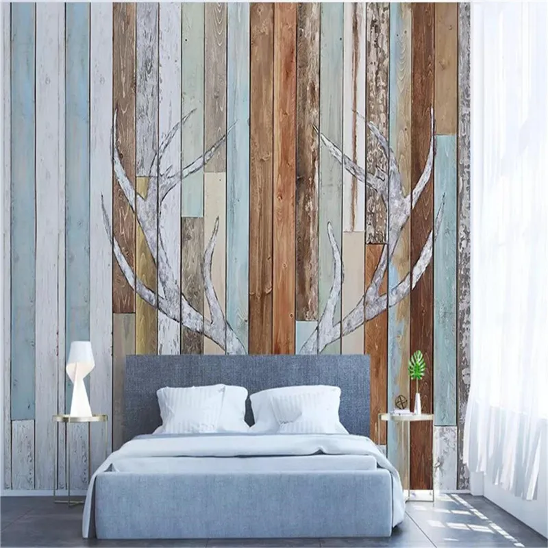 

Custom Mural Wallpaper Retro Wood Board Personality Antler TV Background Wall Painting