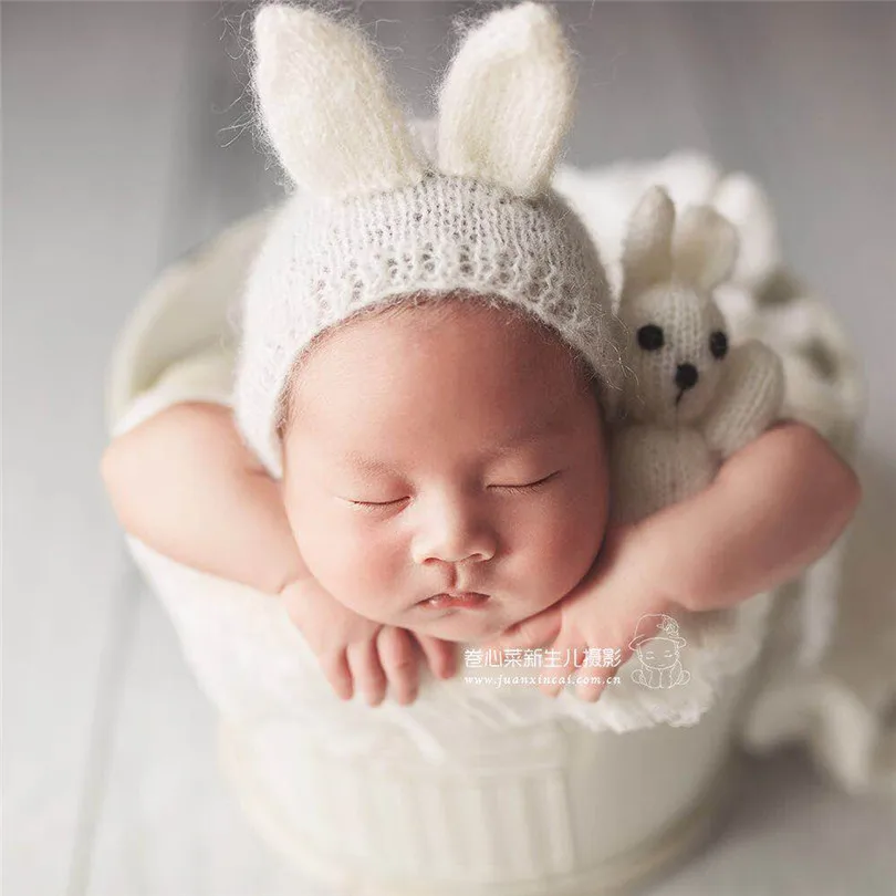 Teddy Bunny Toy Bonnet Set Photography Props Fuzzy Newborn Stuffed Animal Doll Wool Felted Photo | Детская одежда и обувь