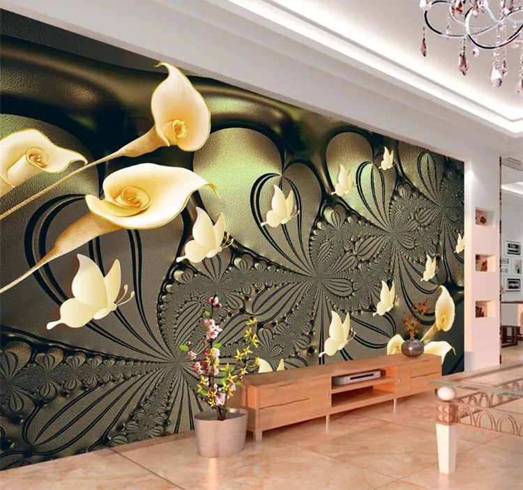 

Custom Mural Wallpaper For Bedroom Walls 3D Embossed Lily Flower Butterfly Background Wall Papers Home Decor Living Room Modern