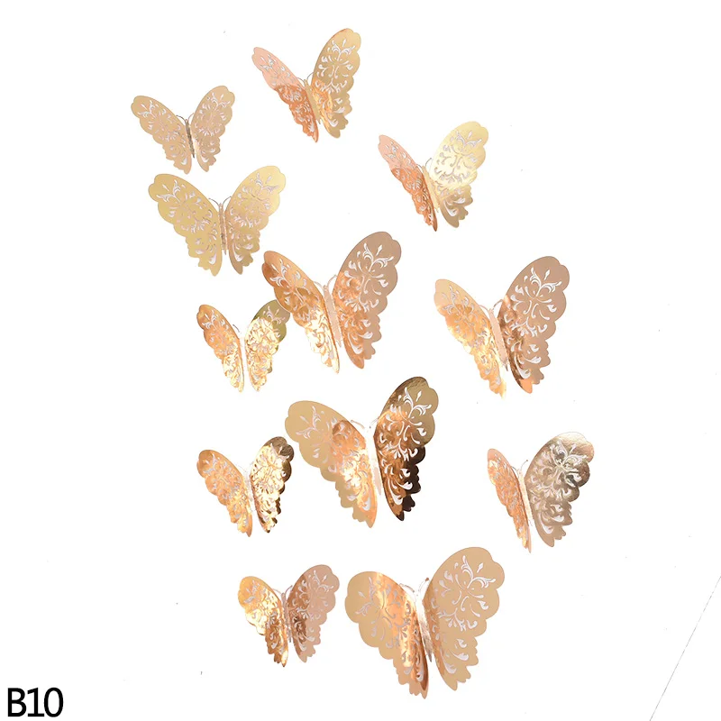 B10-12Pcs 12 шт. красивые розовые золотые серебряные 3D полые бабочки настенные Стикеры для свадьбы, дня рождения, вечеринки, дома, детской комнаты, декоративные настенные наклейки - Цвет: B10-12Pcs