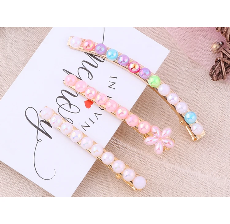 2pcs/set Pearl Flower Hair Clips Alligator Duckbill Long Hairpins Barrettes Candy Rainbow Color Hair Accessories for Women Girls