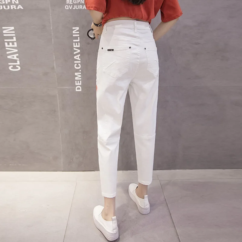 Fashion Boyfriend New Arrival Women's Clothes For Autumn Ankle-Length White Holes Jeans Beggar Pants Loose Female Denim Trousers | Женская