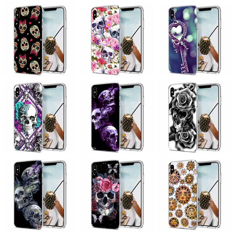 For iPhone 7 8 Plus Soft TPU Cover Design skull unique Cartoon flower X XS XR Max Phone Back Fundas E153 |
