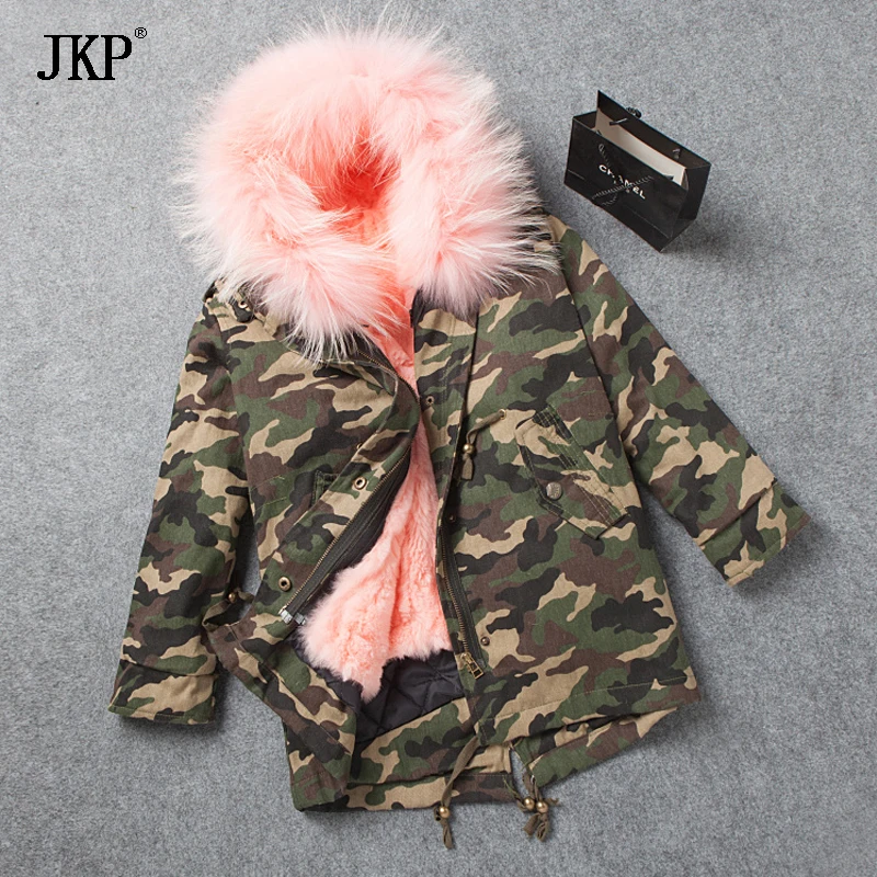 Зимнее детское меховое пальто с воротником из меха енота кроличьего для