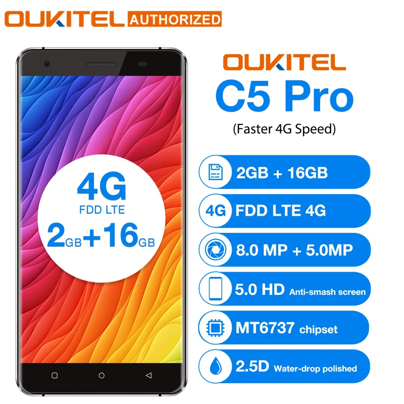 Восстановленный Смартфон OUKITEL C5 PRO 5 0 дюймов Android 6 4G 2 ГБ + 16 Гб MTK6737 четырехъядерный