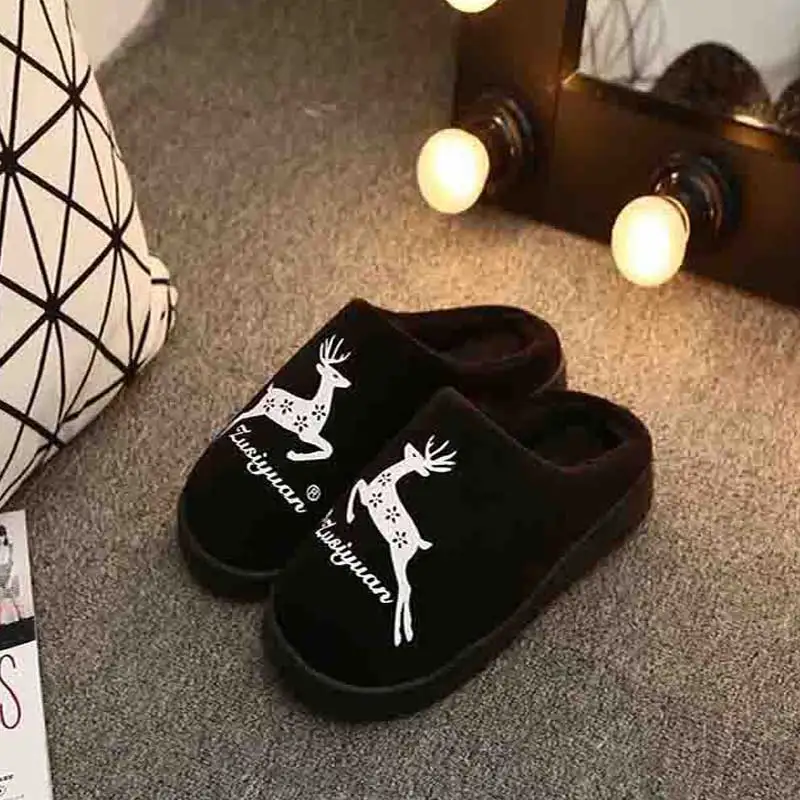 deer black BeckyWalk/зимние домашние тапочки; женские плюшевые тапочки на плоской подошве; теплая женская домашняя обувь; мужские тапочки; женская обувь из хлопка; WSH3122 - Цвет: deer black
