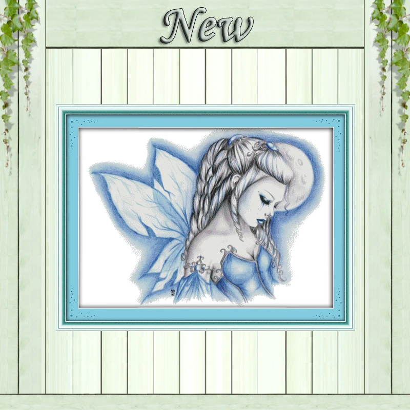 Blue fairy beauty girl painting counted printed on canvas DMC 14CT 11CT chinese Cross Stitch Embroidery kits Needlework Sets | Дом и сад