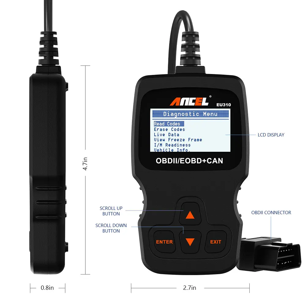 Ancel EU310 OBD2 сканер OBDII считыватель кодов неисправностей двигателя в 8 многоязычный
