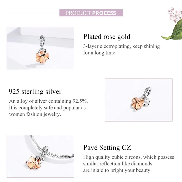 Geoki 925 пробы серебро четыре листа клевера талисманы fit Pandora браслет S925 розовое золото сердце цветок бусины для ювелирных изделий