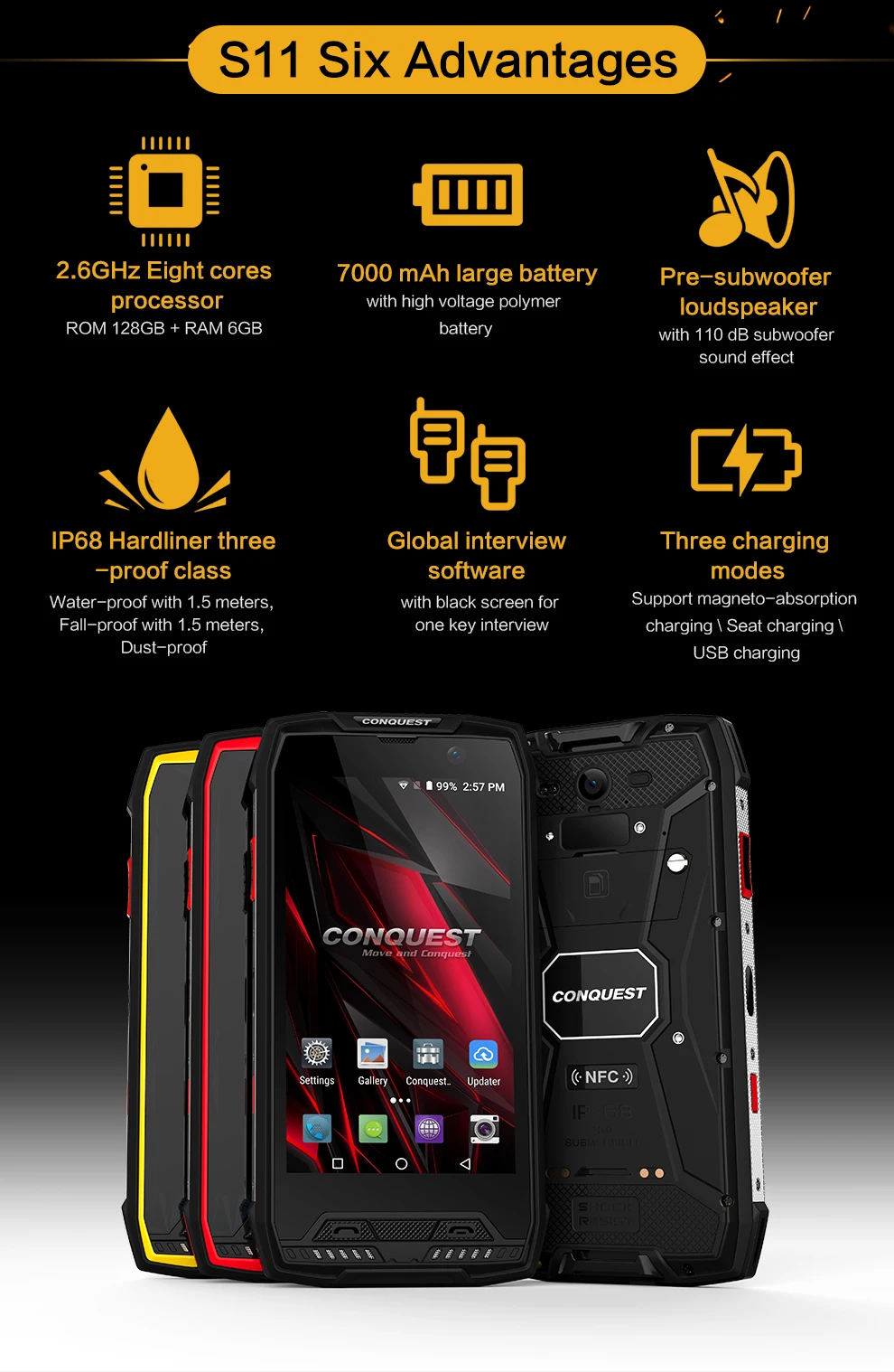 Прочный водонепроницаемый ударопрочный смартфон Conquest S11 MT6757V 6 ГБ 128 Гб 5 дюймов 7000 мАч Магнитная Зарядка Android 7,0 NFC мобильный телефон