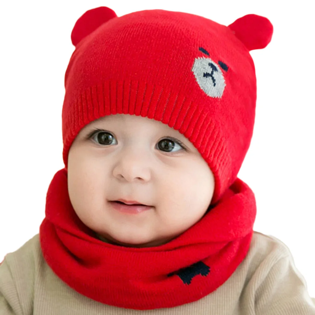 2 шт. комплект для новорожденных Шапки шарфы милый медведь вязаные теплые шапочки