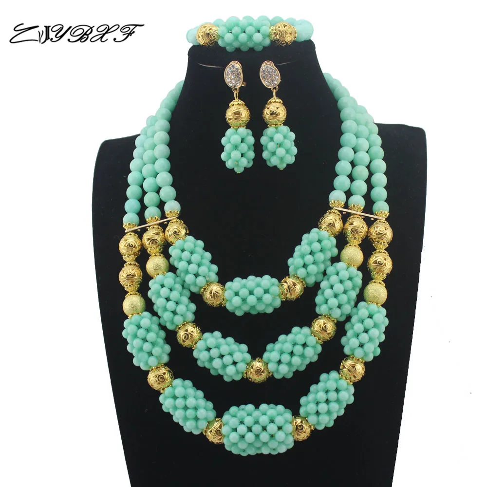 

Amazing Mint Green African Jewelry Set Mint Green Beads Chunky Indian Wedding Necklace Set Handmade Weave Set HD8426