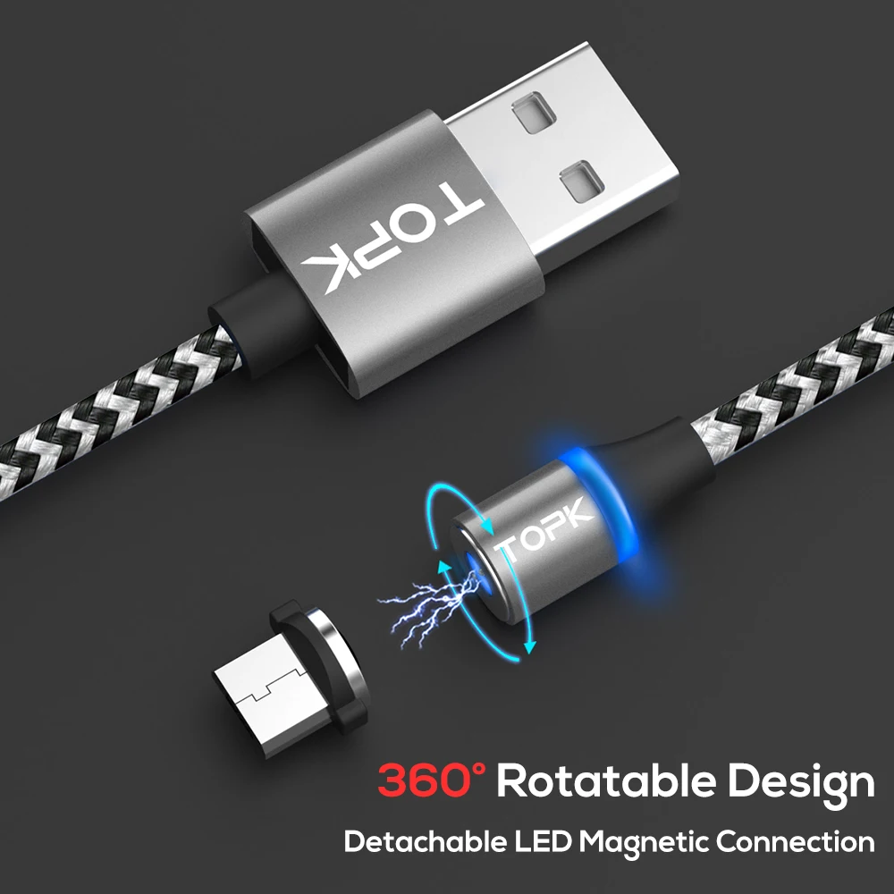 TOPK RLine R светодиодный магнитный Micro USB кабель для Xiaomi Redmi Note 5 samsung Galaxy S7 кабели