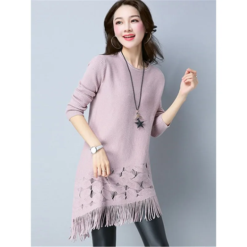 Women's Knit Sweater Autumn Winter Spring Long coat Korean Round Neck tassel Pullover Dress Wild A505 | Женская одежда