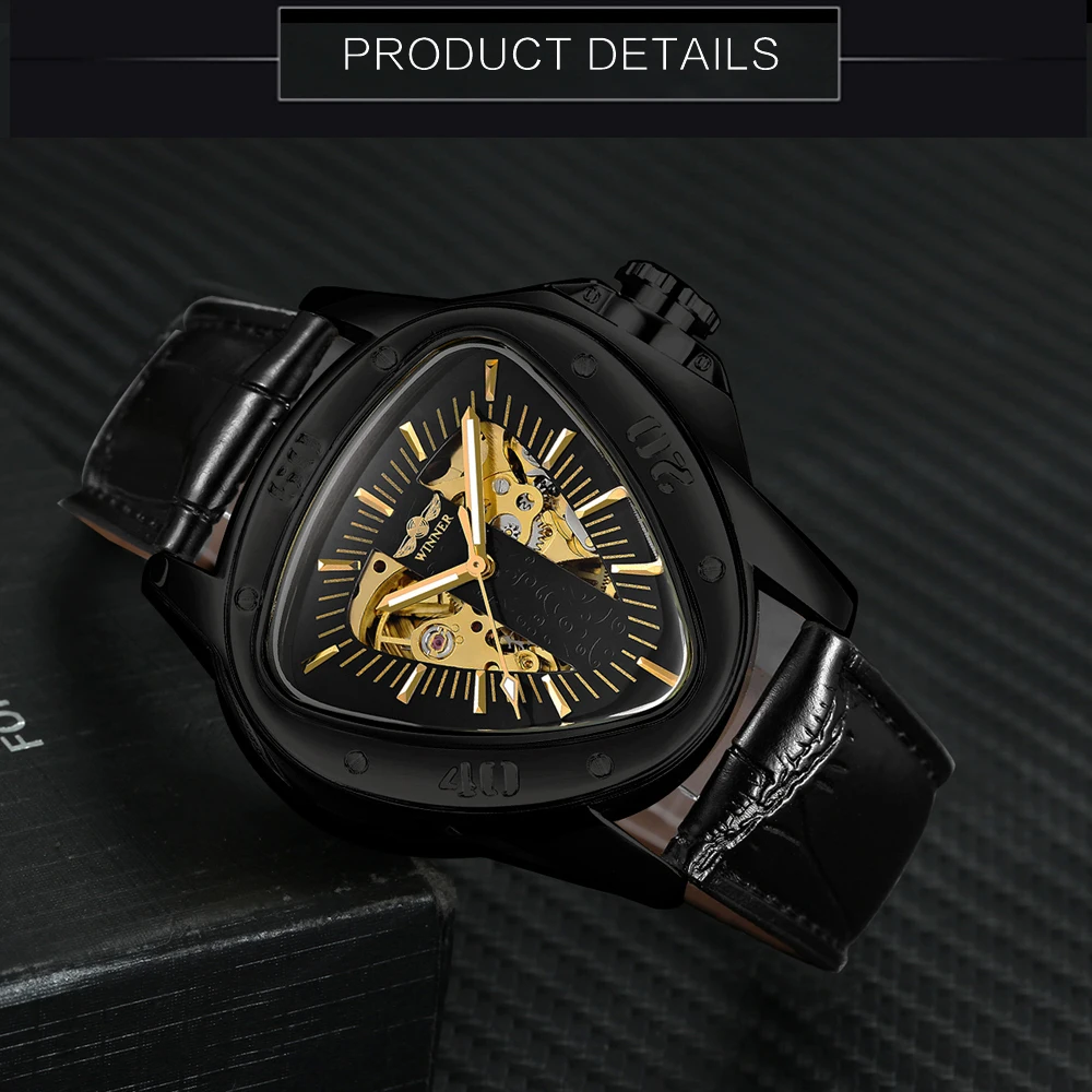 Победитель Мода Спорт механические часы для мужчин кожаный ремешок треугольники