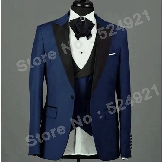 

Newest Groomsmen Navy Blue Groom Tuxedos Peak Black Lapel Men Suits Wedding Best Man Blazer ( Jacket+Pants+Vest+Tie ) C456
