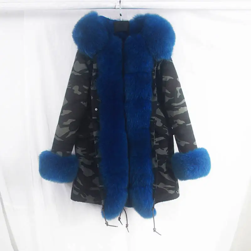 Blue Женская парка с капюшоном из лисьего меха высокого качества, модная Камуфляжная парка из натурального меха, зимнее теплое пальто S1739 - Цвет: Blue