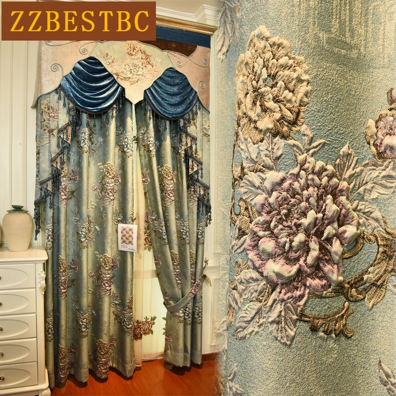 

4D Classic luxury jacquard thick blue blackout curtains for Living Room Hotel Window Curtain Bedroom Elegant villa draps
